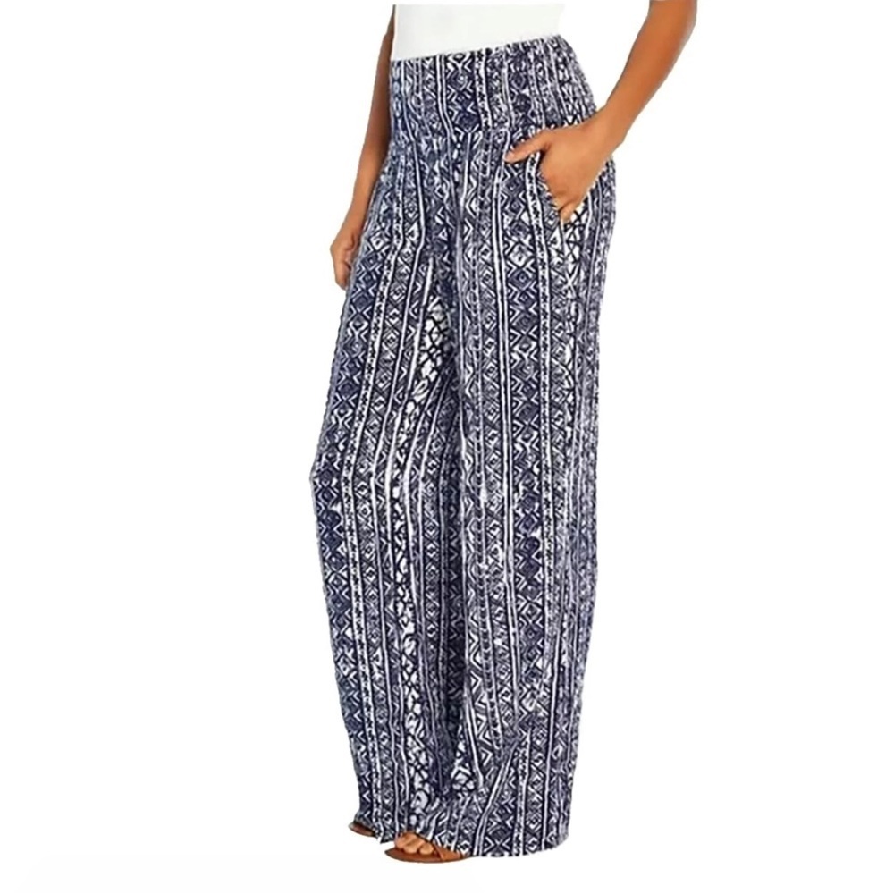 Three Dots Pants Blue White Tribal Aztec Smocked Waist Wide Leg High Rise Sz S